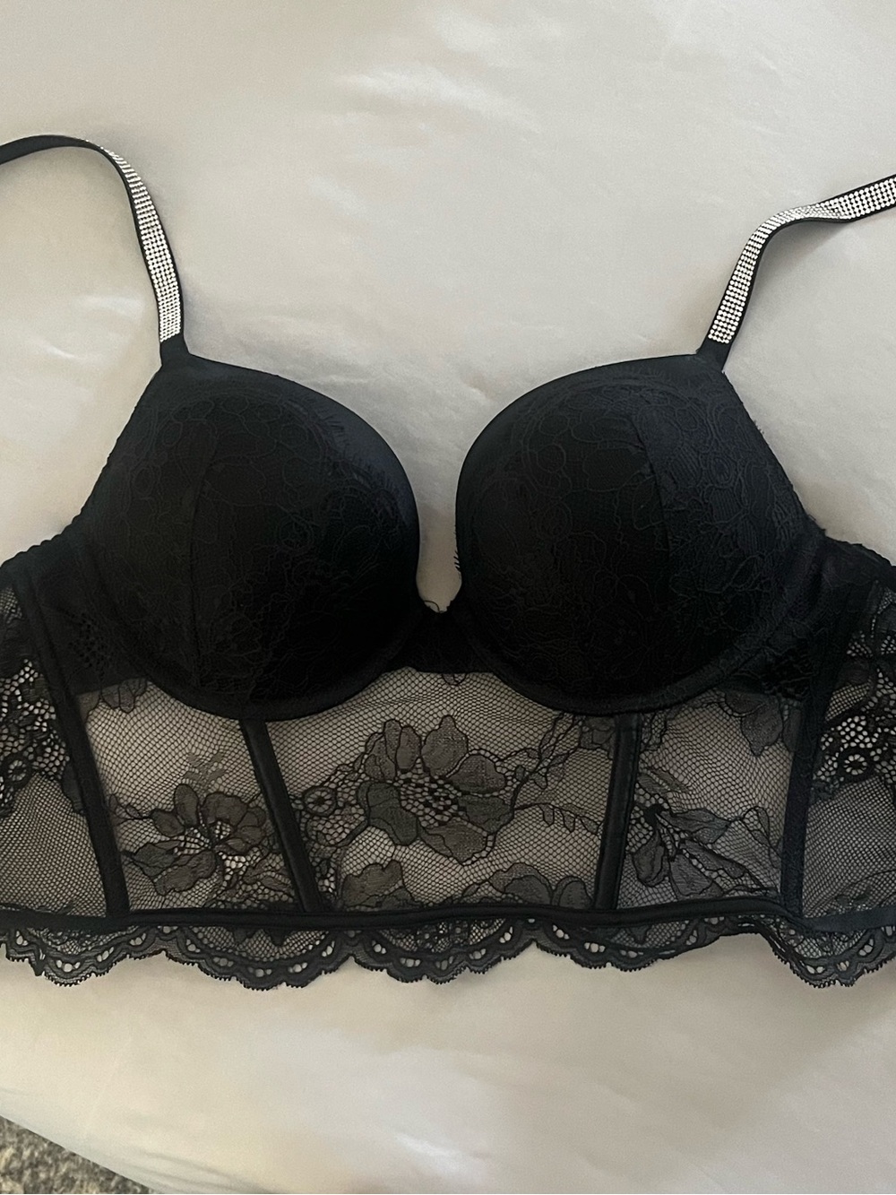 Victoria's Secret Black Lace Longline Bra with Rhinestone Straps